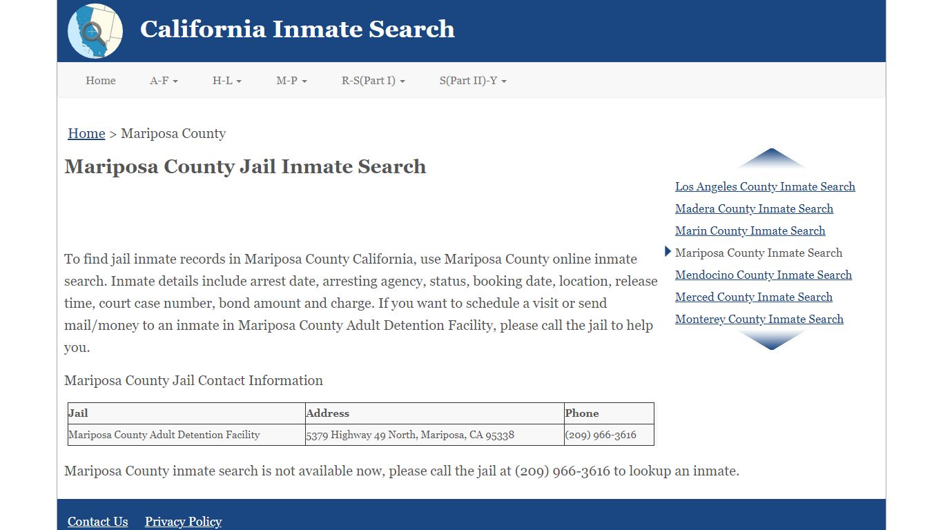 Mariposa County CA Jail Inmate Search