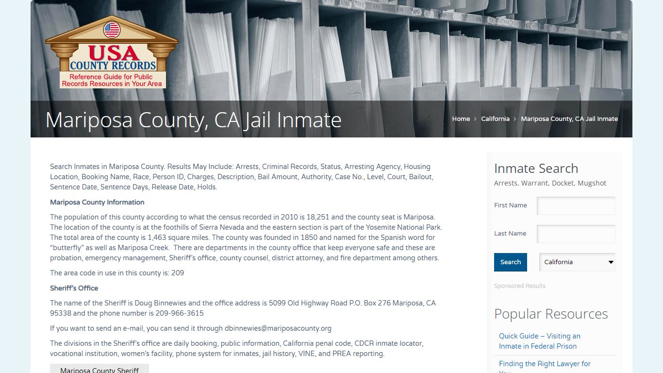 Mariposa County, CA Jail Inmate | Name Search